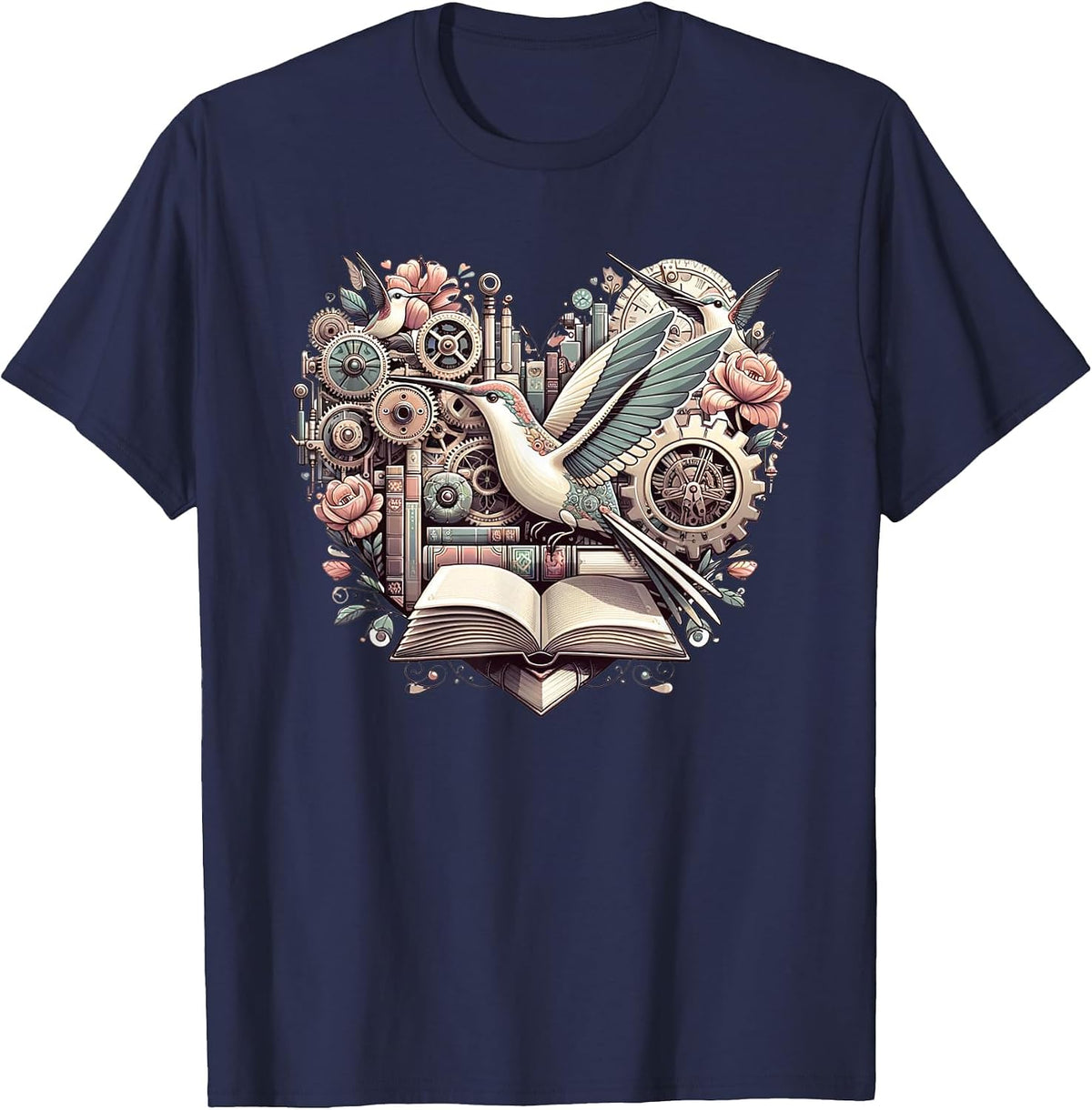 Hummingbird Steampunk Imagination Hearts Valentine T-Shirt - Navy Blue