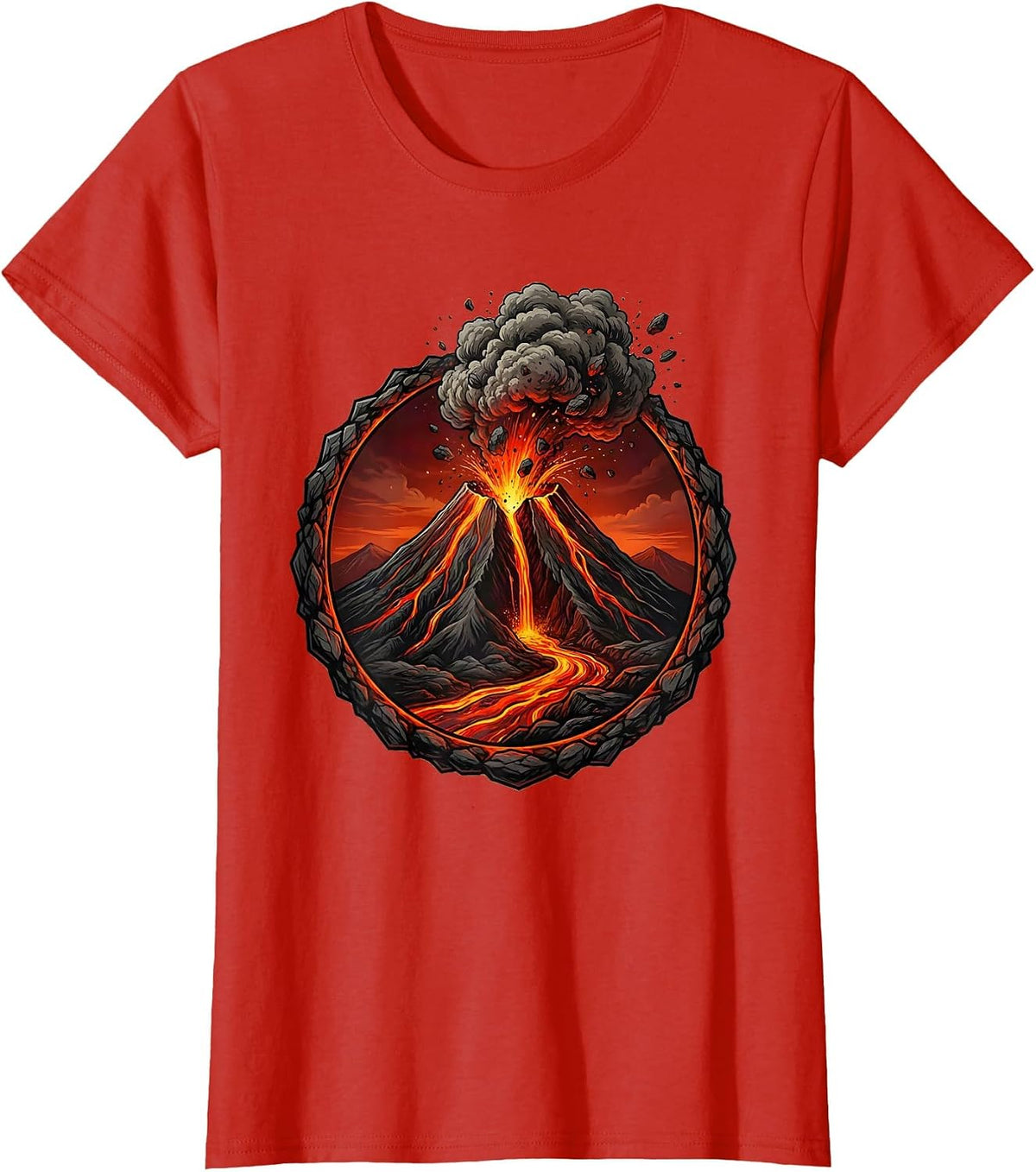 Erupting Volcano Lava Stream Graphic Design T-Shirt - Red