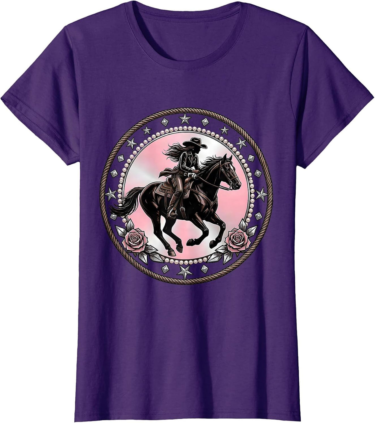 Women's Cowgirl Riding Horse Sunset Silhouette T-Shirt - Purple