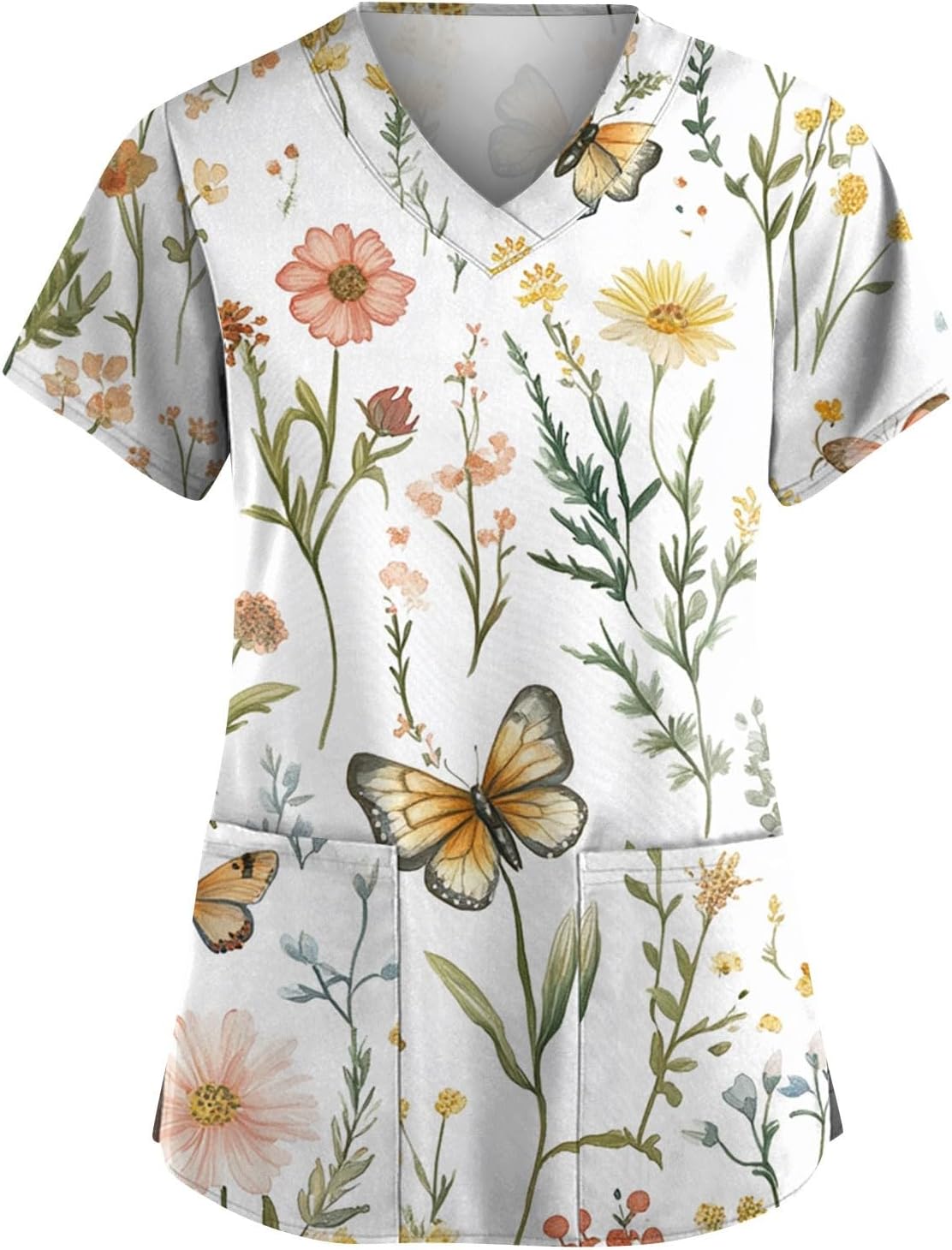 Scrubs for Women Animal Print Tops Short Sleeve Cartoon Pattern V Neck Stretchy Nursing Uniform with Pockets - 03-white