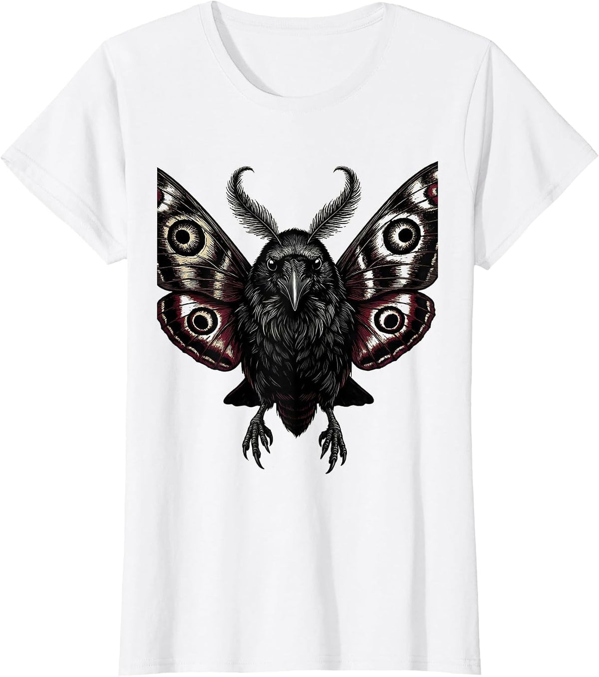 Women's Crow Moth Wings Hybrid Creature Illustration T-Shirt - White
