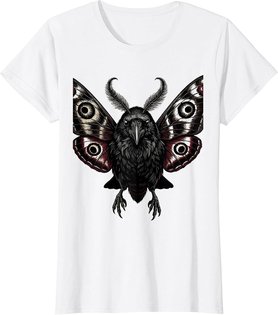 Women's Crow Moth Wings Hybrid Creature Illustration T-Shirt - White