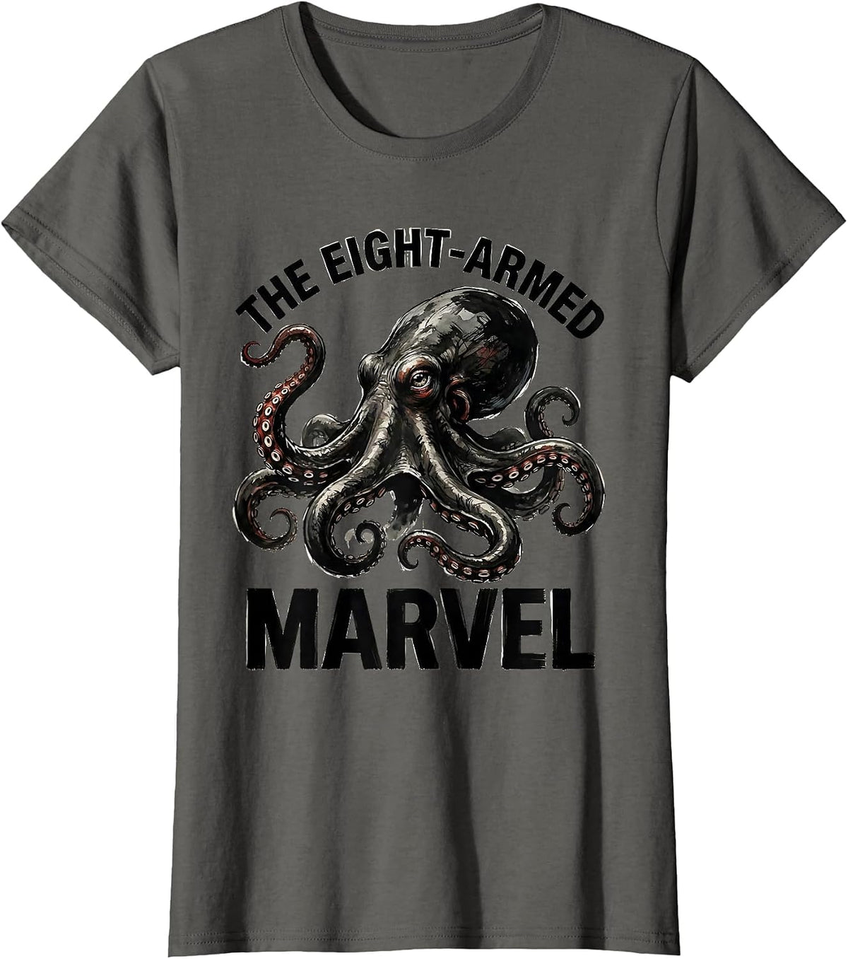 Women's The Eight-Armed Marvel Ink Brush Octopus Lover Ocean Sea T-Shirt - Asphalt Grey