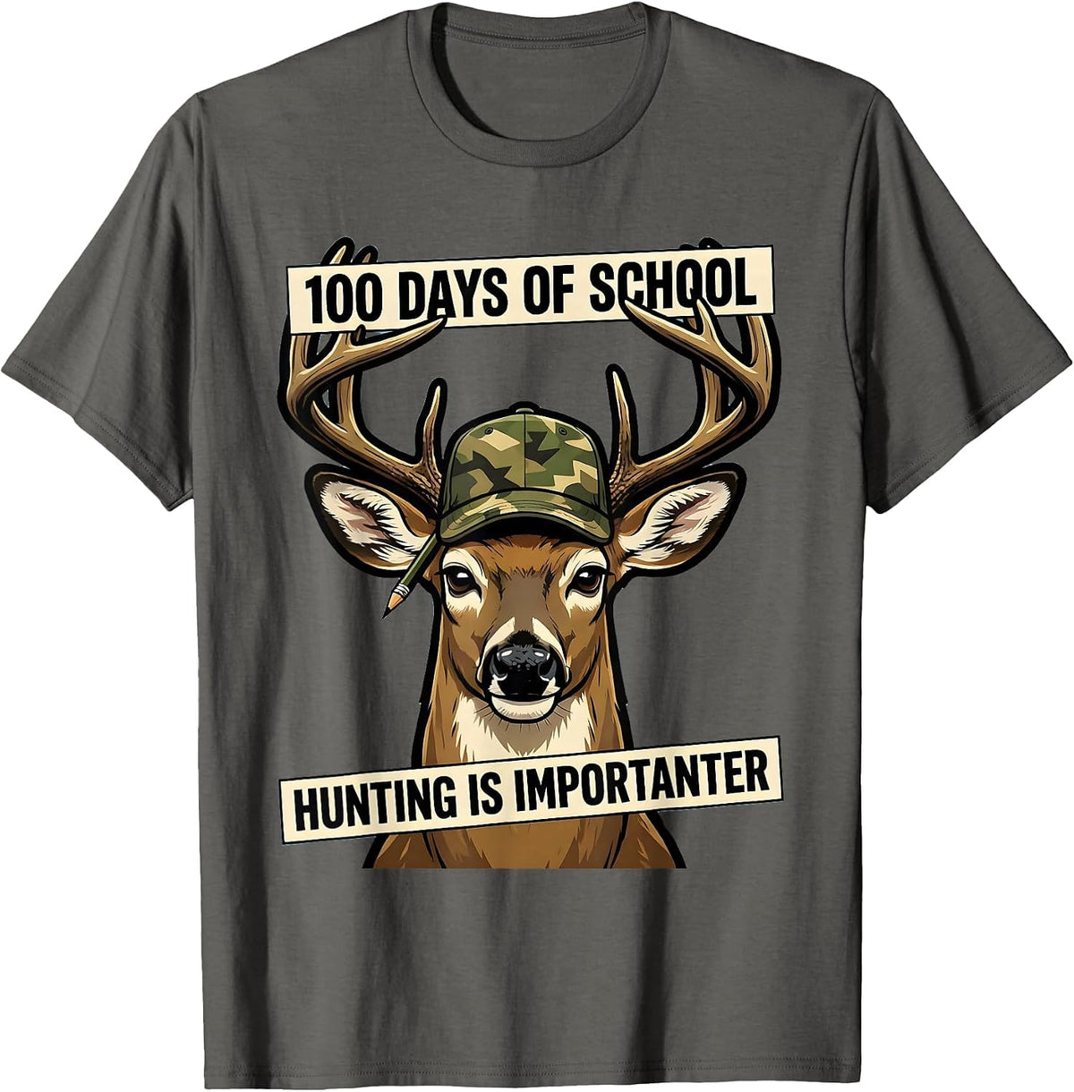 100 Days Of School Hunting Is Importanter Camo T-Shirt - Asphalt Grey