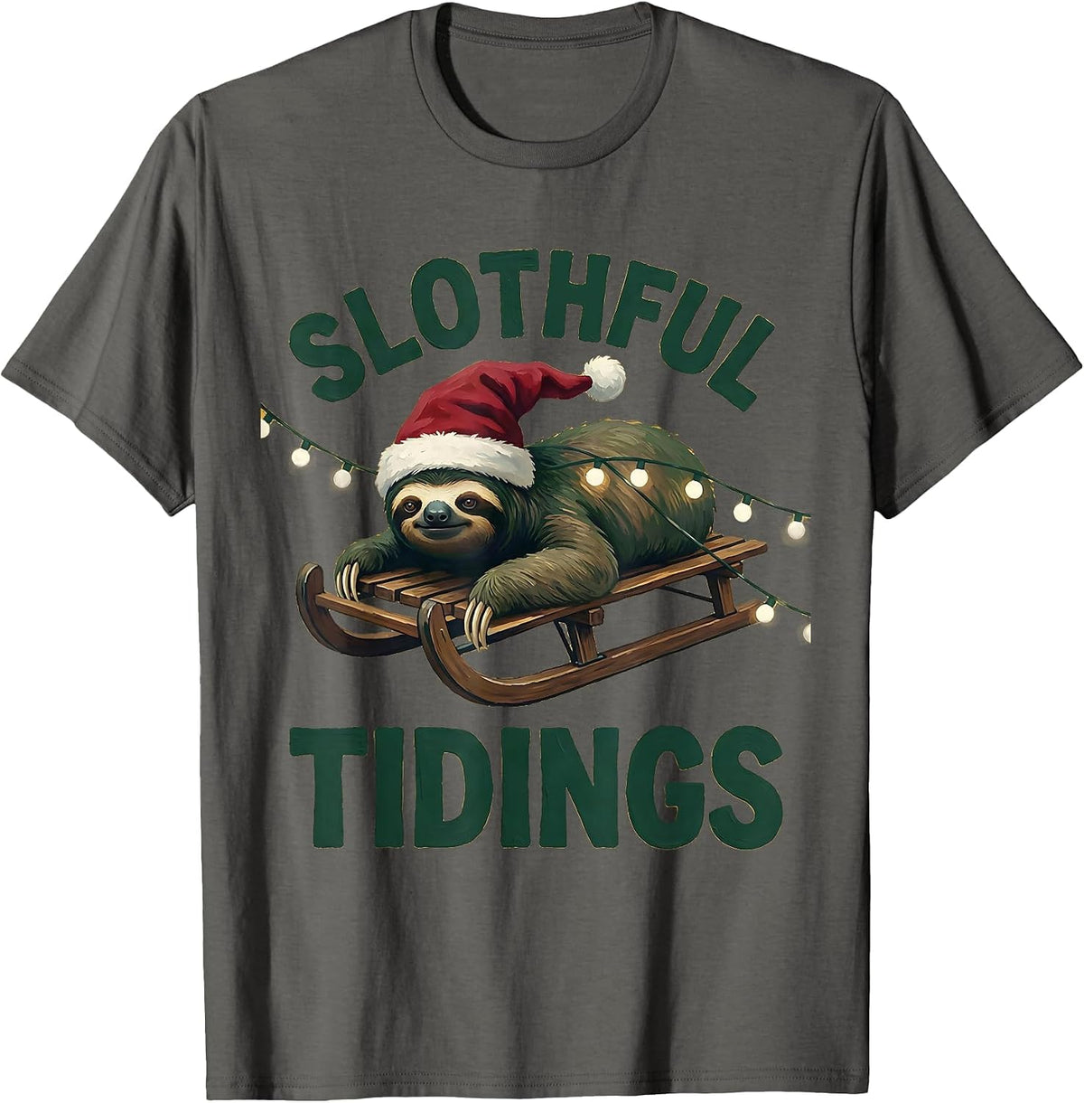 Slothful Tidings Funny Sloth Christmas Lights Santa Hat T-Shirt - Asphalt Grey