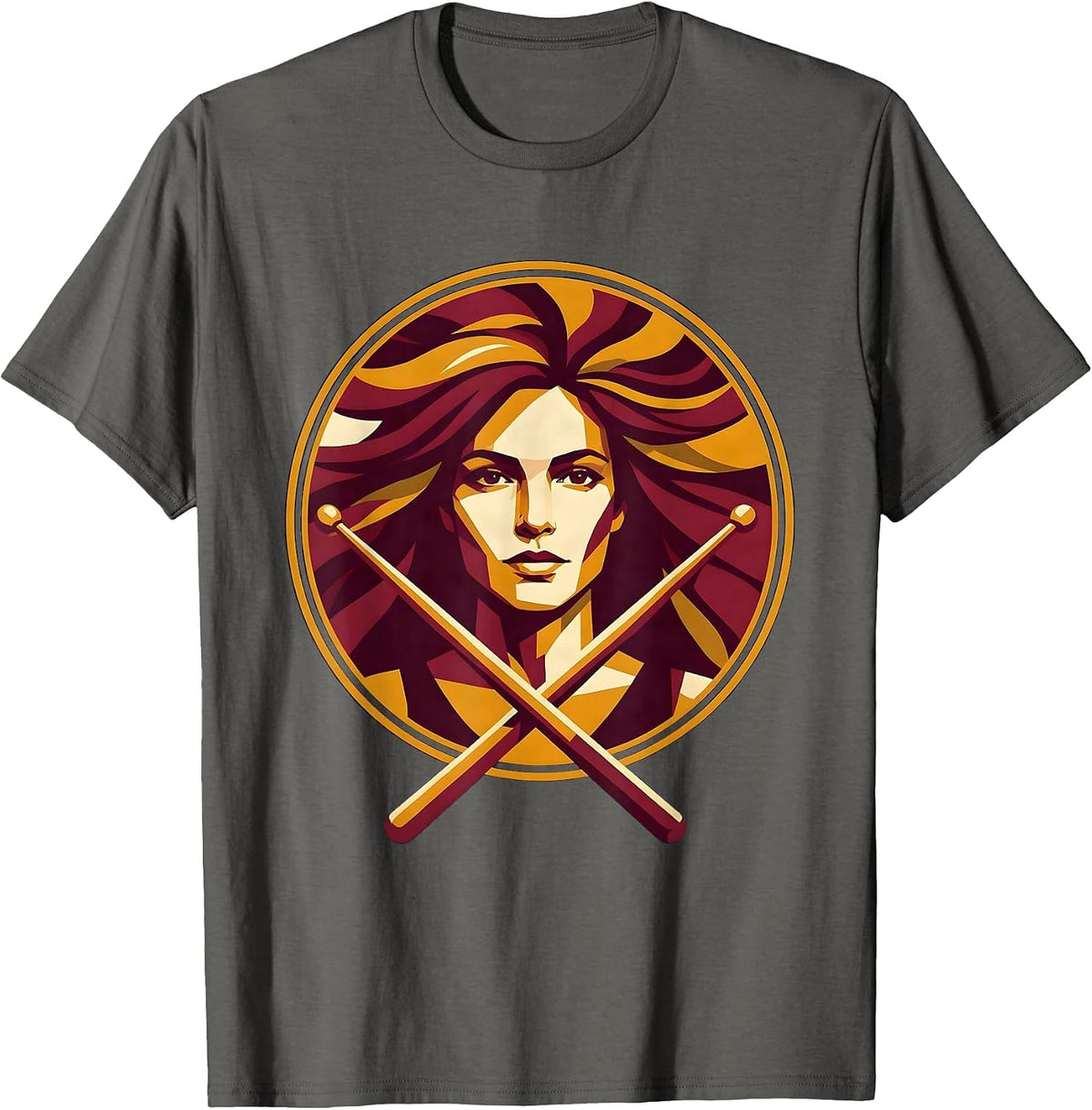 Woman Drummer Crossed Drumsticks Portrait Design T-Shirt - Asphalt Grey