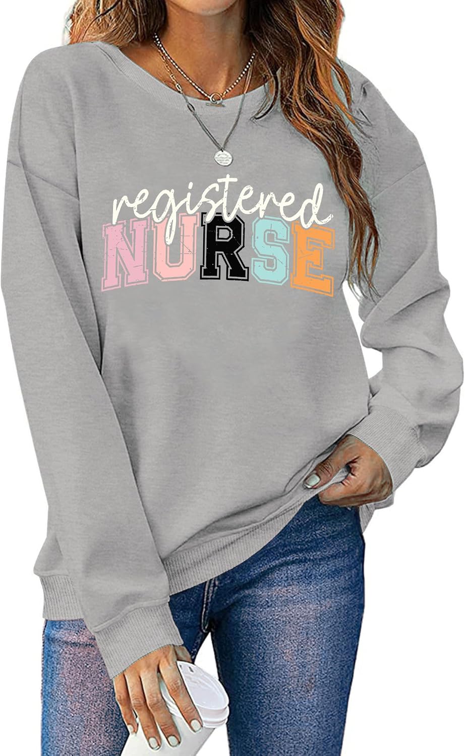 Registered Nurse Sweatshirt for Women School Nurse Life Pullover Nursing Student Tops Long Sleeve Tee - Light Grey
