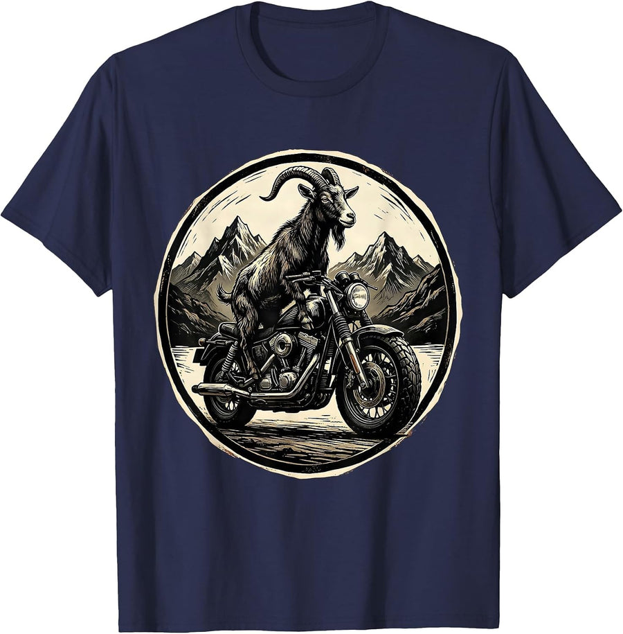 Goat Riding Motorbike Through the Mountains T-Shirt - Navy Blue