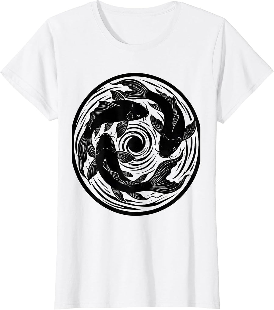 Women's Koi Fish Swirling Circular Pond Graphic T-Shirt - White