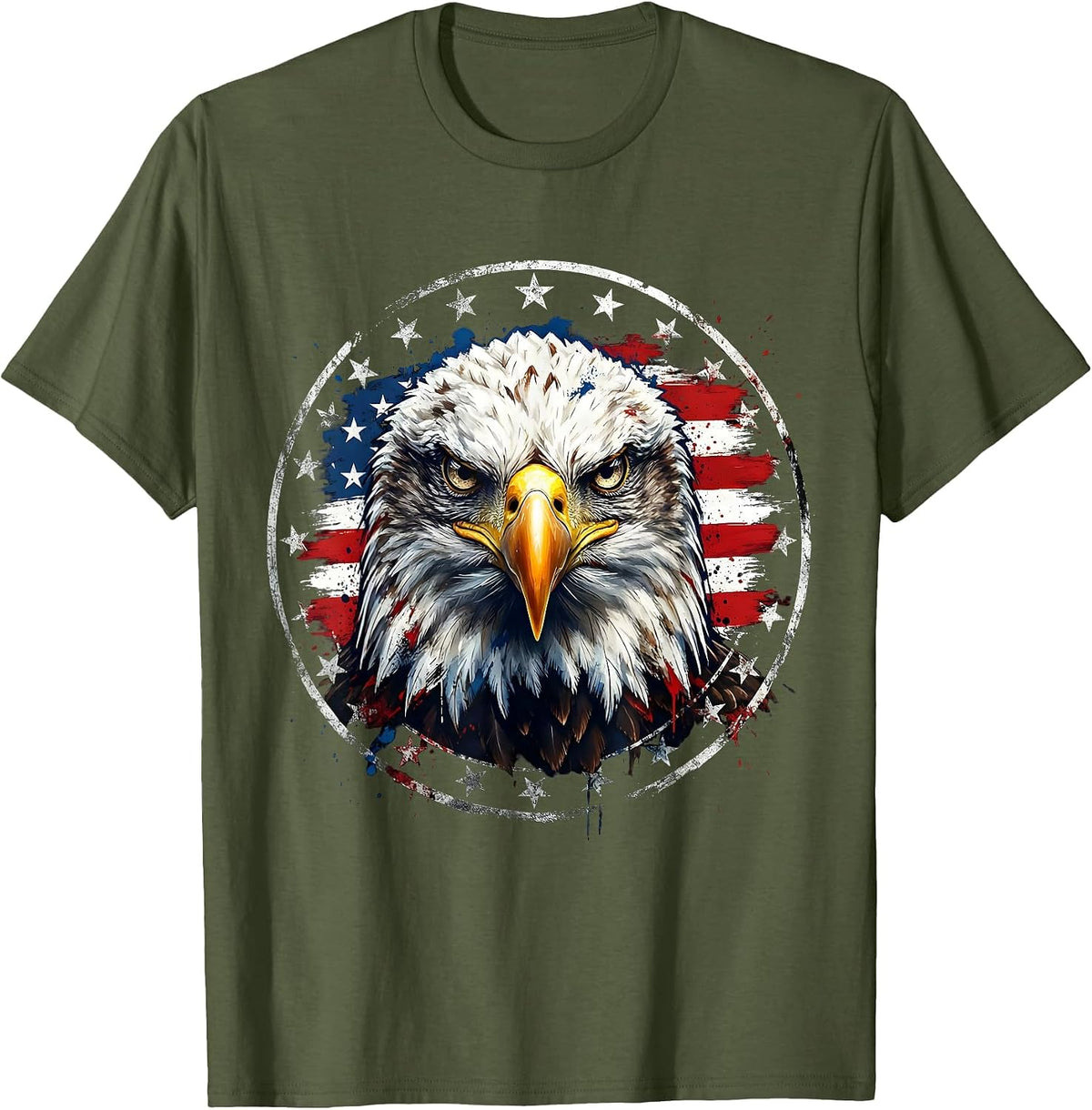 Fierce Bald Eagle Close-Up Patriotic Design T-Shirt - Olive Green