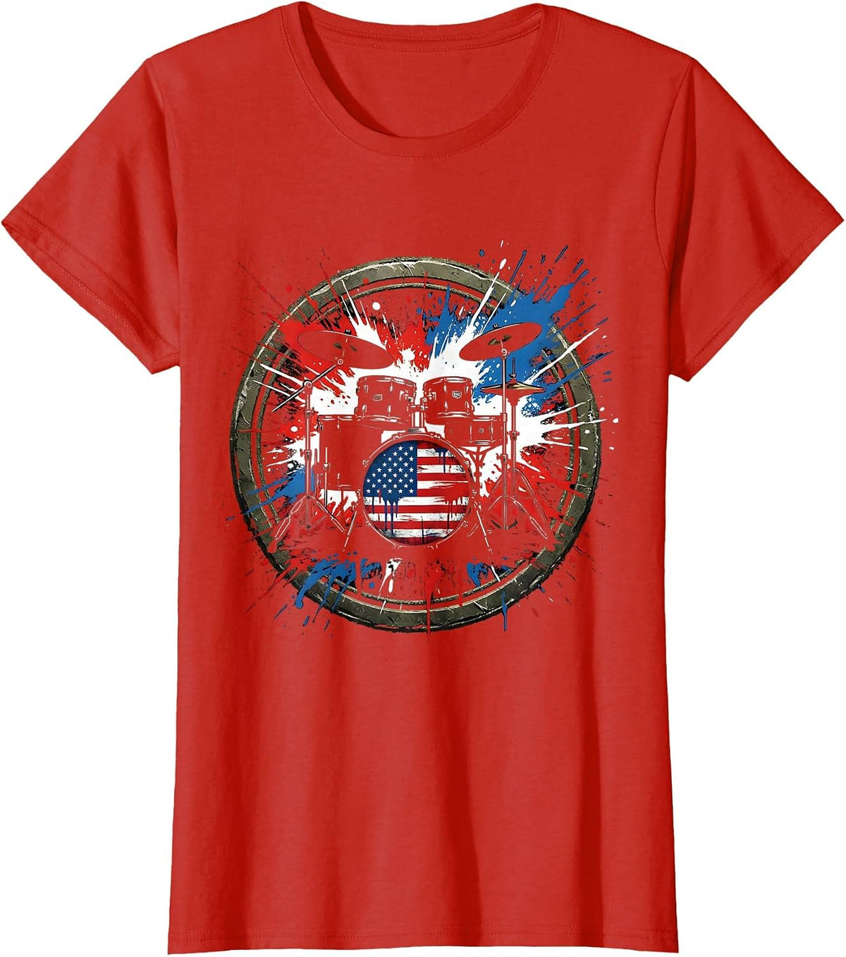 Women's Patriotic Drum Kit Red White and Blue Splatter T-Shirt - Red