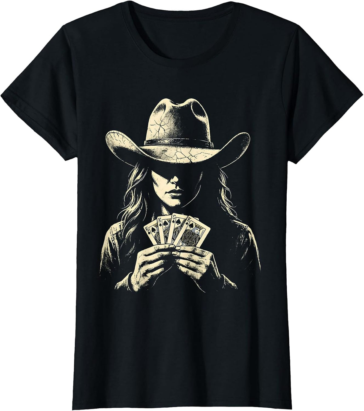 Western Poker Player Illustration Graphic Tee T-Shirt - Black