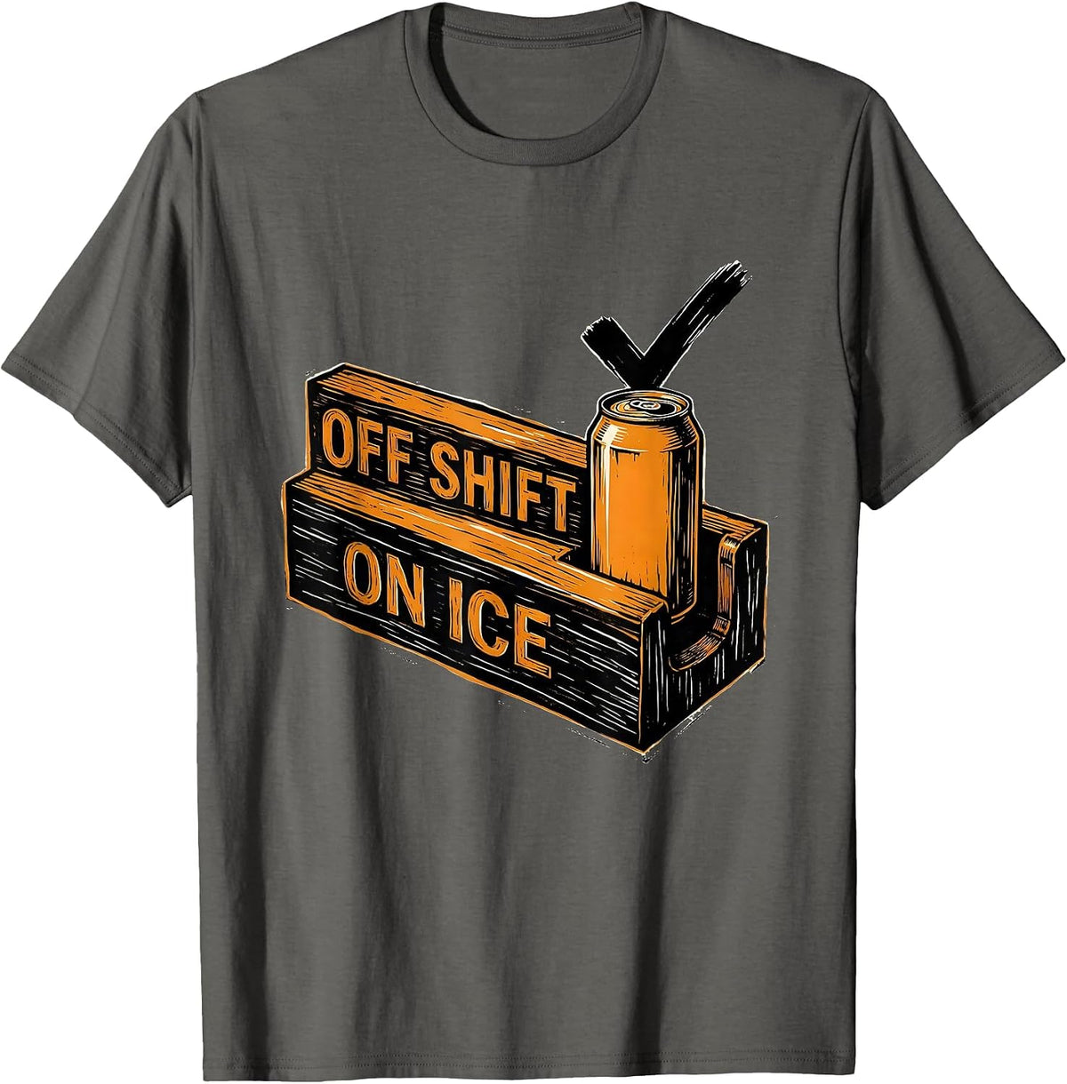 Men's Off Shift On Ice Linocut Labor Day Cookout Beer Humor T-Shirt - Asphalt Grey