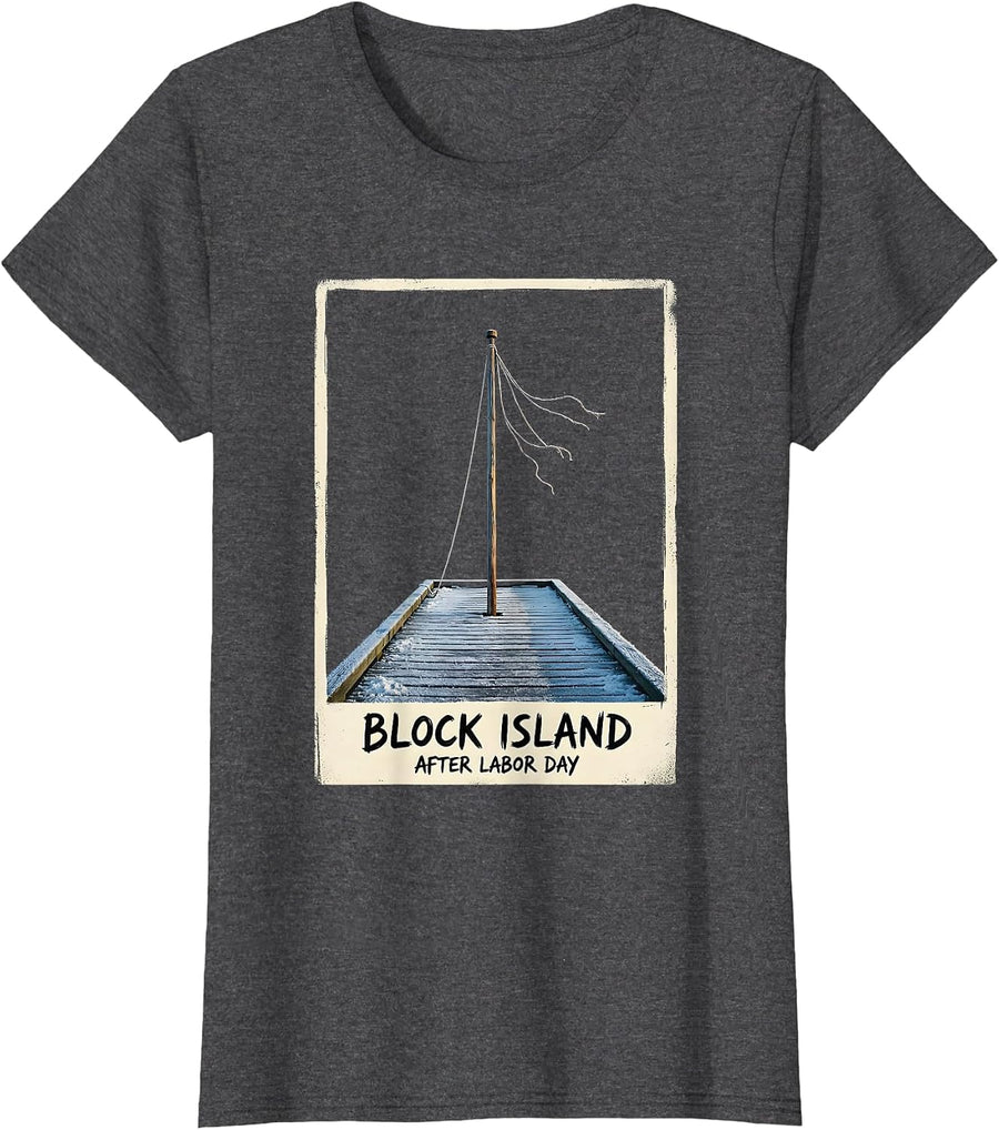 Women's Block Island After Labor Day Vintage Coastal Town Pride T-Shirt - Dark Heather Grey
