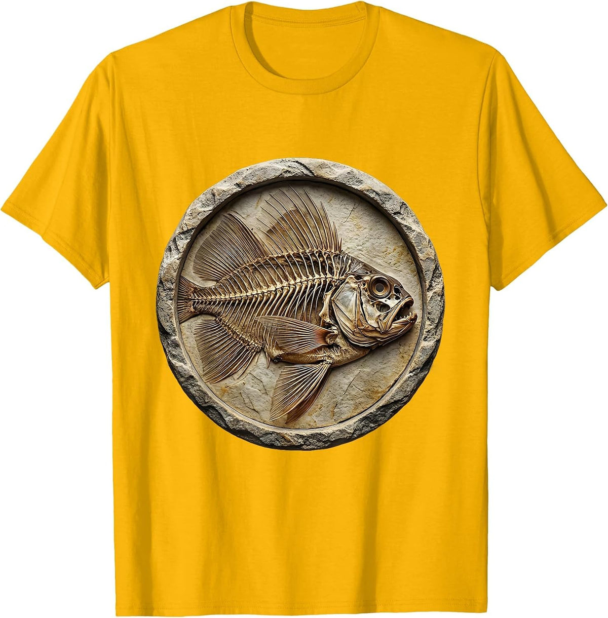 Men's Skeletal Fish Fossil Stone Slab Graphic Tee T-Shirt - Golden Yellow