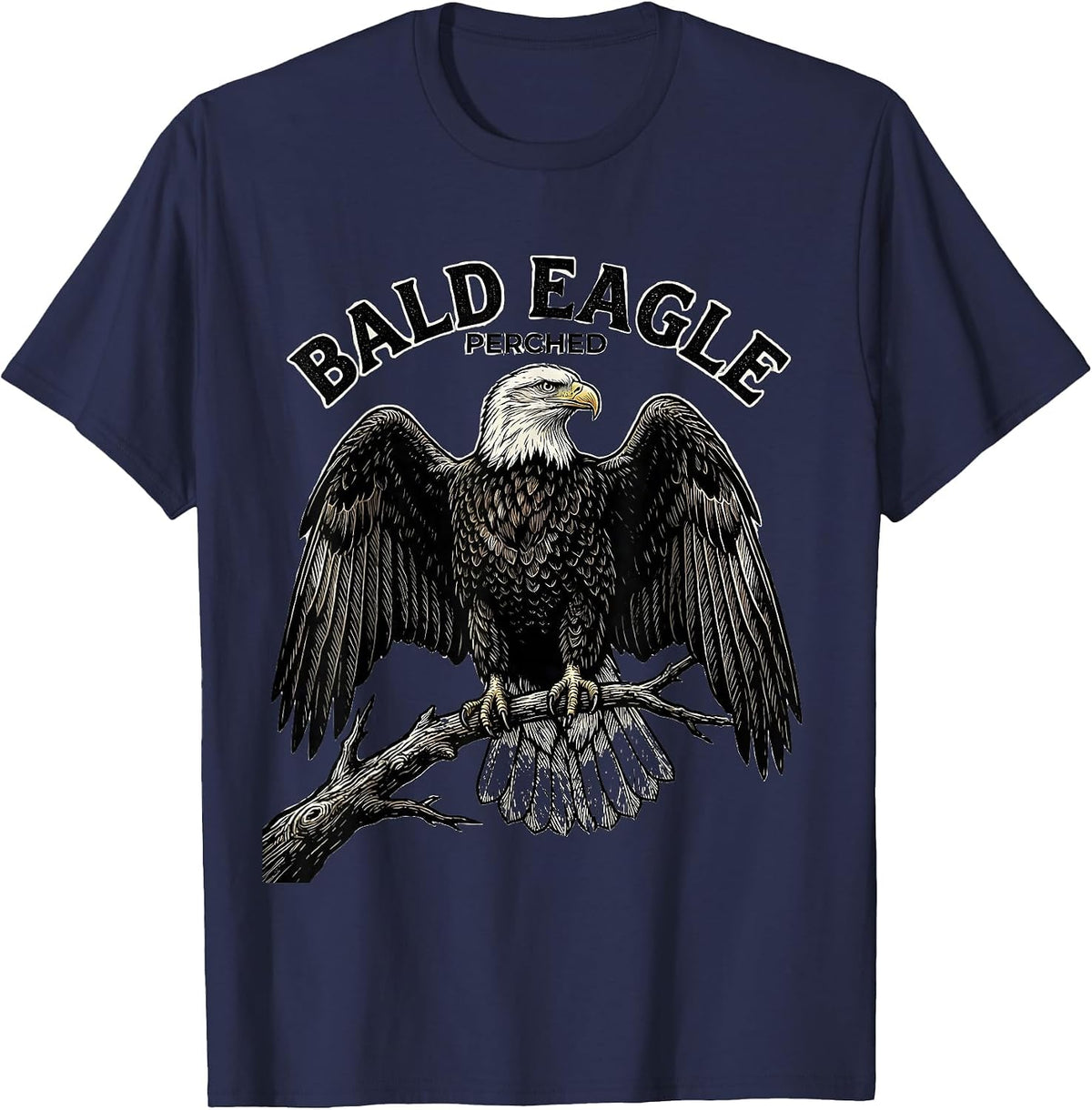 Bald Eagle Perched Vintage Woodcut Engraving Patriotic T-Shirt - Navy Blue