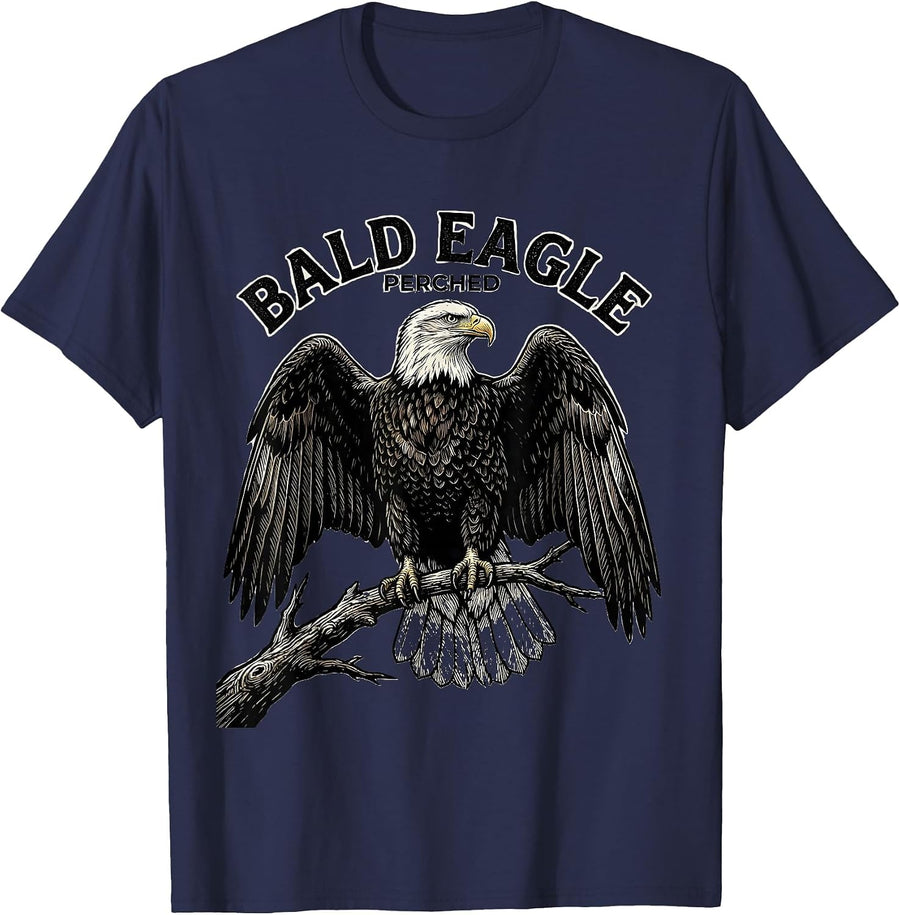 Bald Eagle Perched Vintage Woodcut Engraving Patriotic T-Shirt - Navy Blue