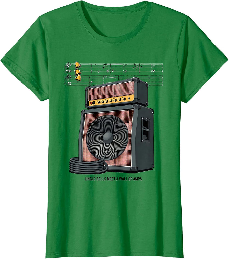Women's Jingle Bells Meet A Wall Of Amps Funny Heavy Metal Rock T-Shirt - Kelly Green