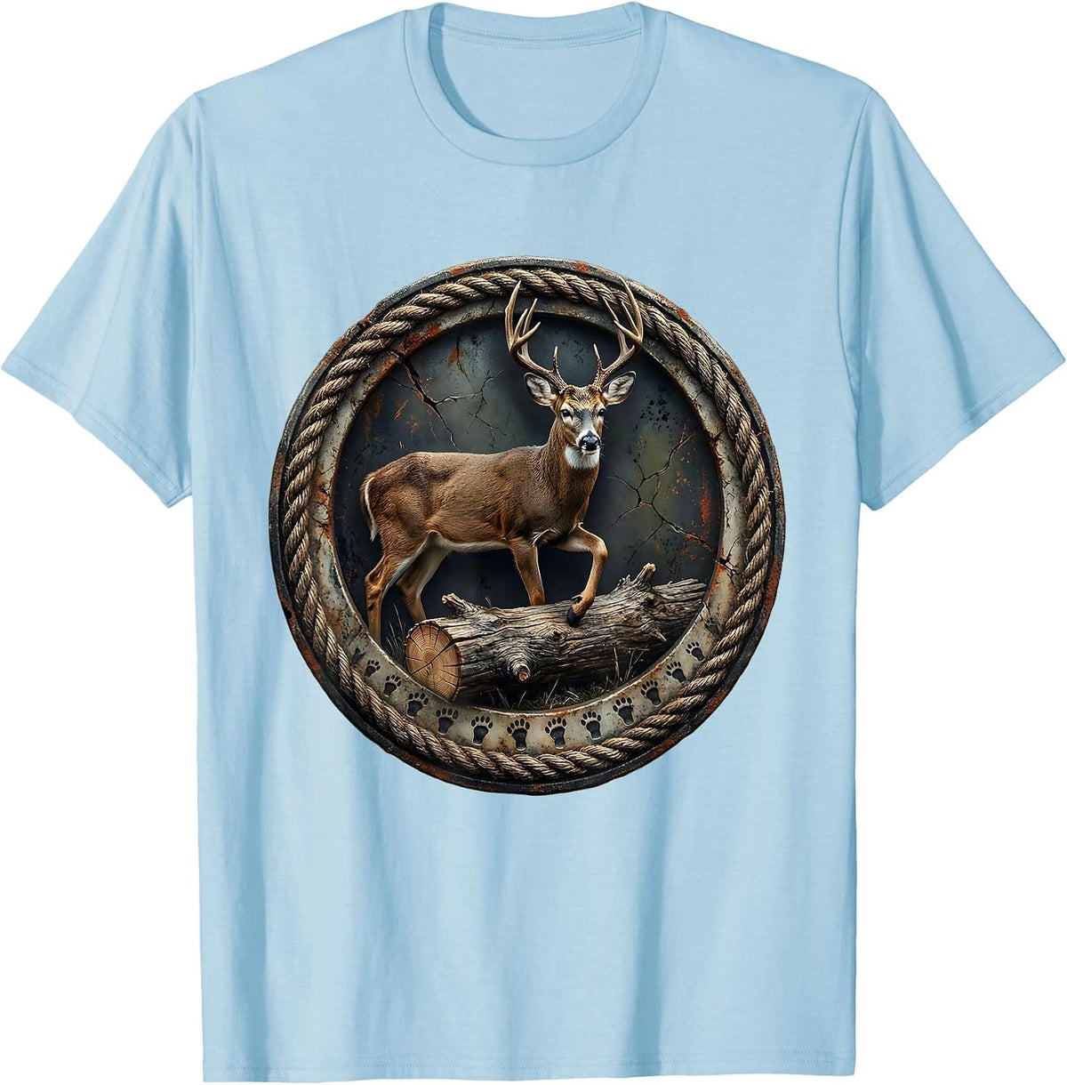 Men's Weathered Buck Badge Distressed Hunter Dad Camo T-Shirt - Baby Blue