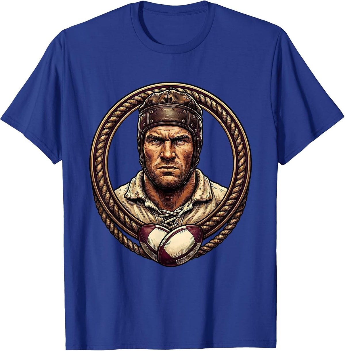 Vintage Rugby Player Old Leather Helmet Graphic T-Shirt - Royal Blue