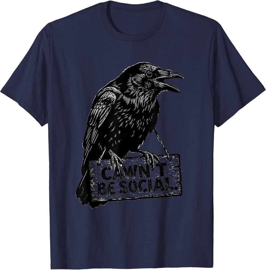 Cawn't Be Social Funny Crow Raven Dark Humor Gothic T-Shirt - Navy Blue