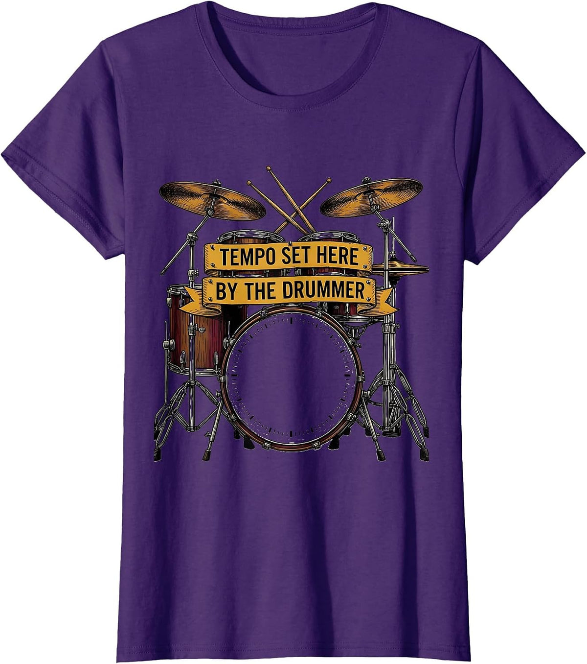 Women's Tempo Set Here By The Drummer Funny Drummer Humor Music T-Shirt - Purple