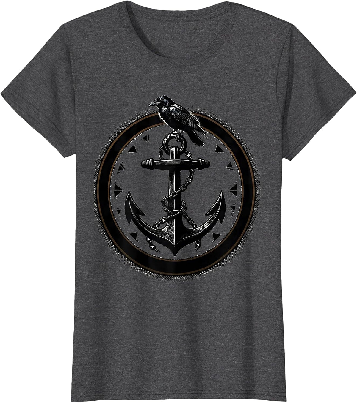 Women's Crow Perched on Anchor Nautical Bird Illustration T-Shirt - Dark Heather Grey