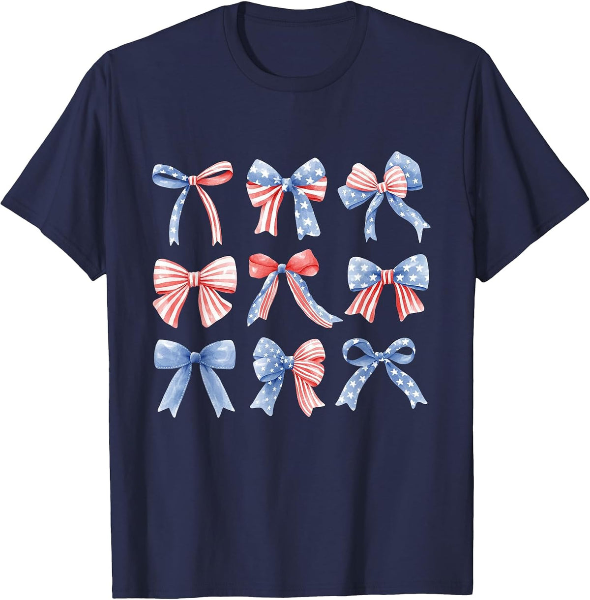 Coquette Red White & Blue Patriotic Bows Retro July 4th T-Shirt - Navy Blue