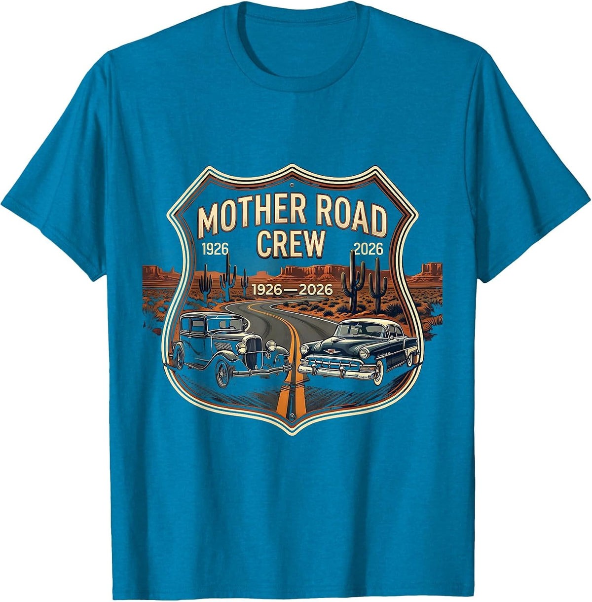 Mother Road Crew 1926-2026 Vintage Route 66 Centennial T-Shirt - Sapphire Blue