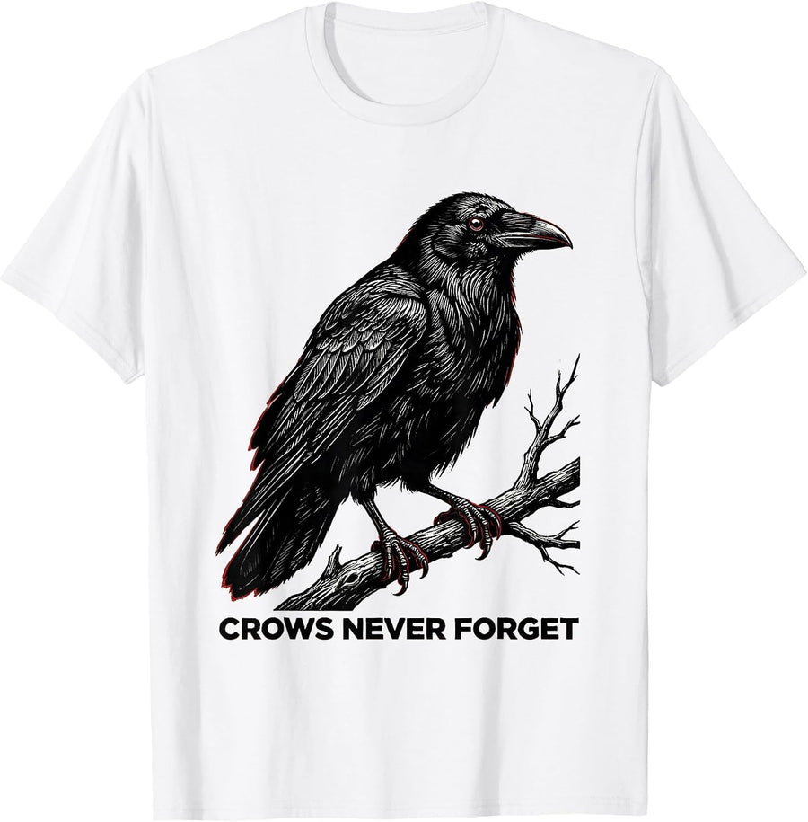 Men's Crows Never Forget Intelligent Bird Design T-Shirt - White