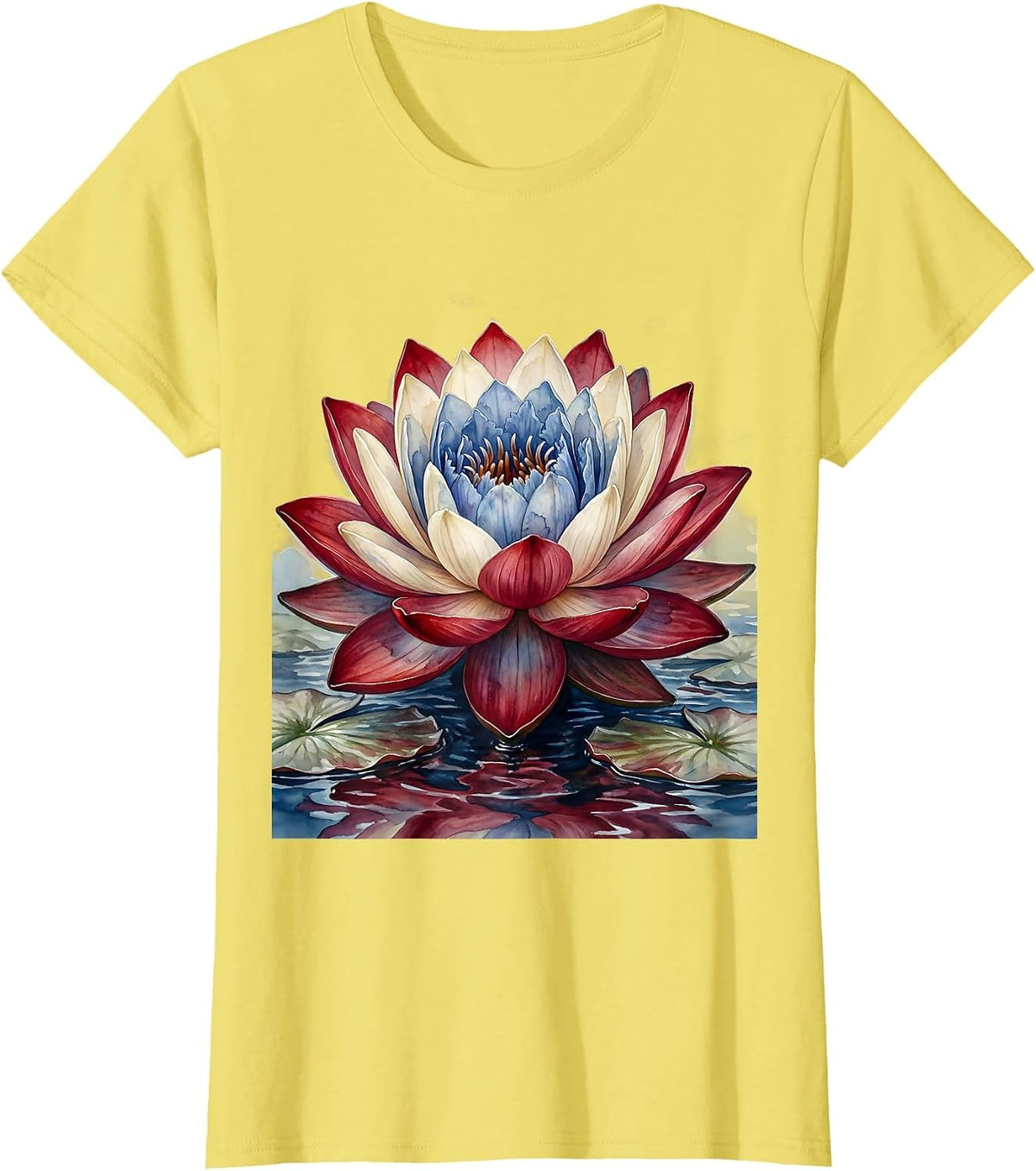Red White Blue Lotus Flower Blooming Graphic T-Shirt - Lemon Yellow