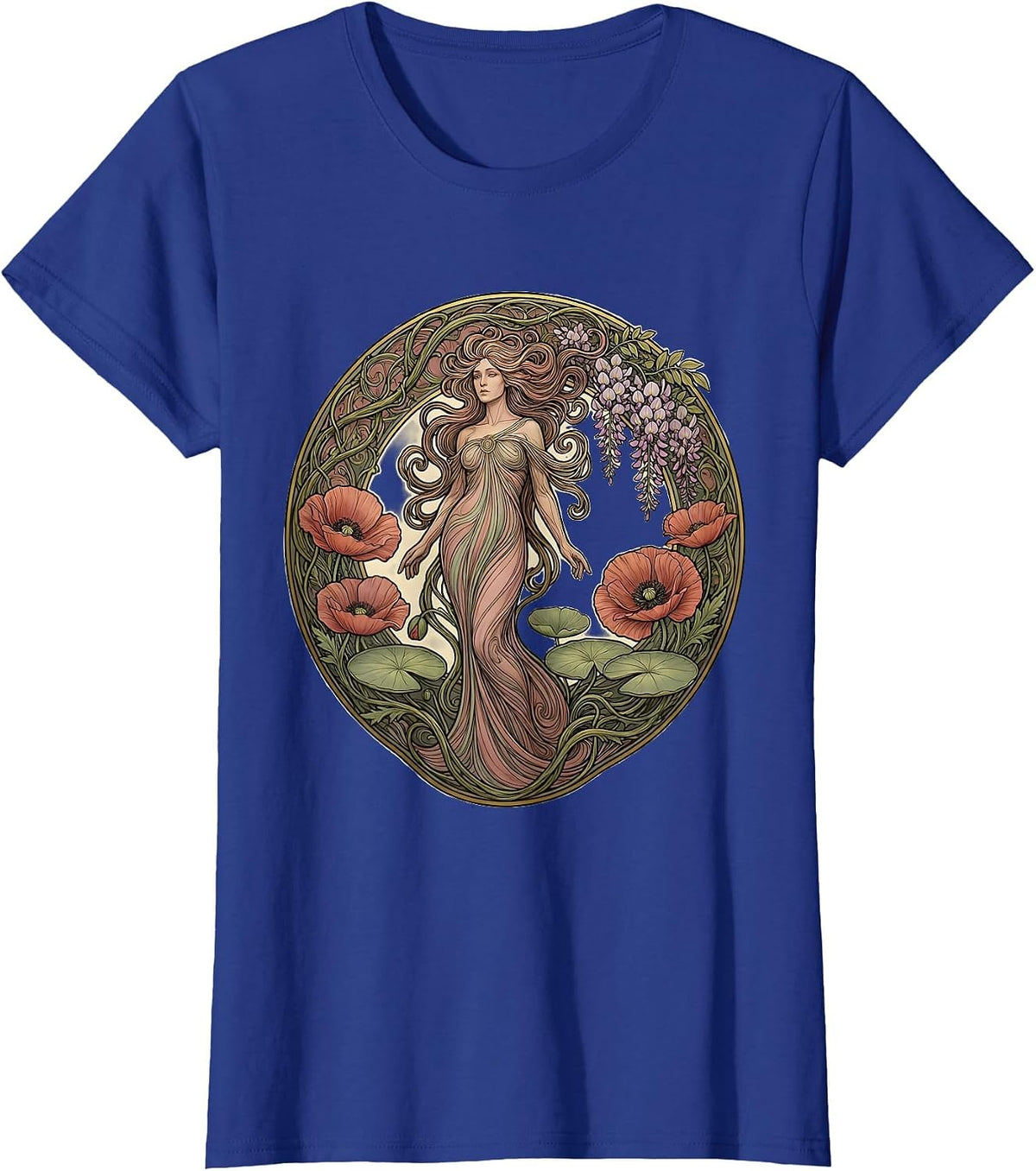 Women's Gigi Botanical Floral Illustration Design T-Shirt - Royal Blue