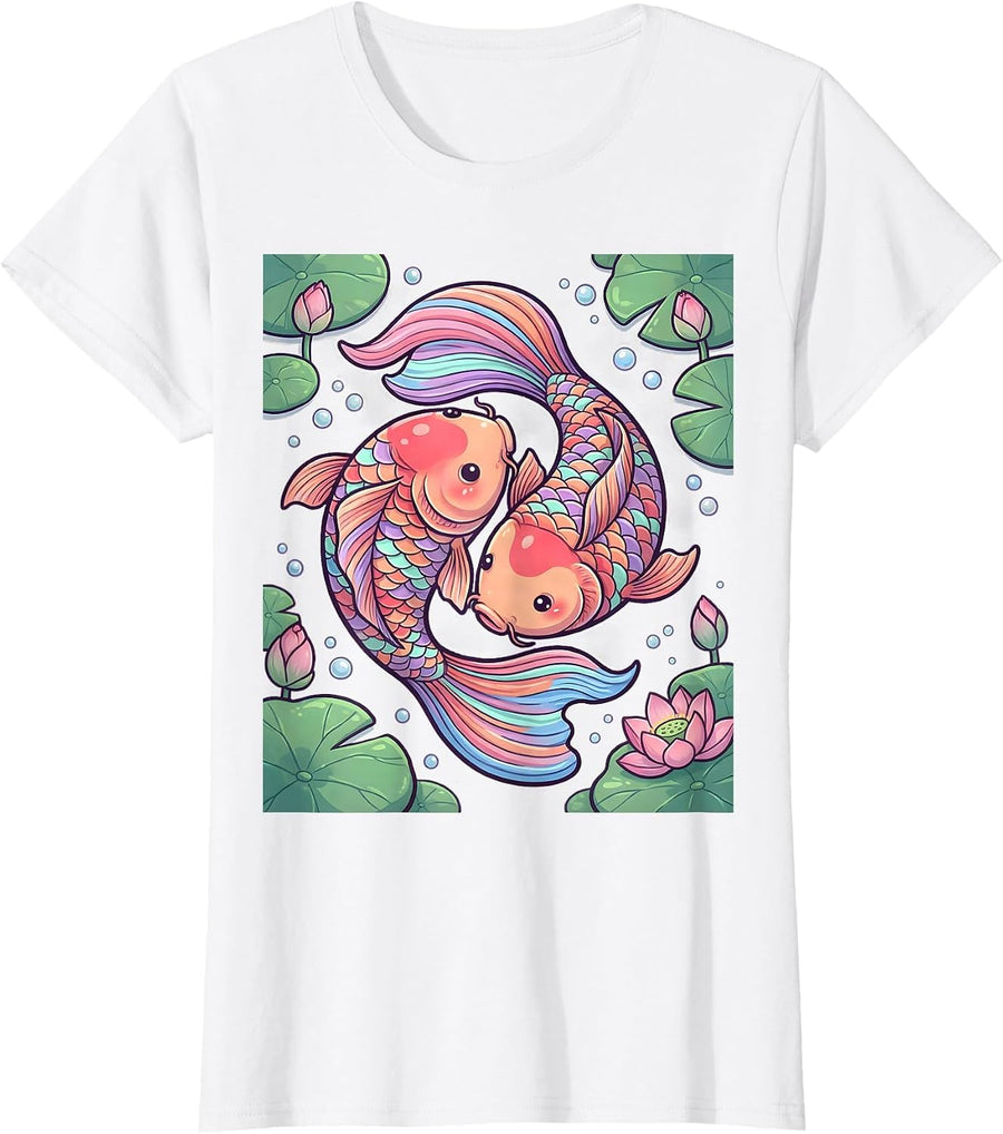 Women's Rainbow Koi Fish Pond Illustration T-Shirt - White