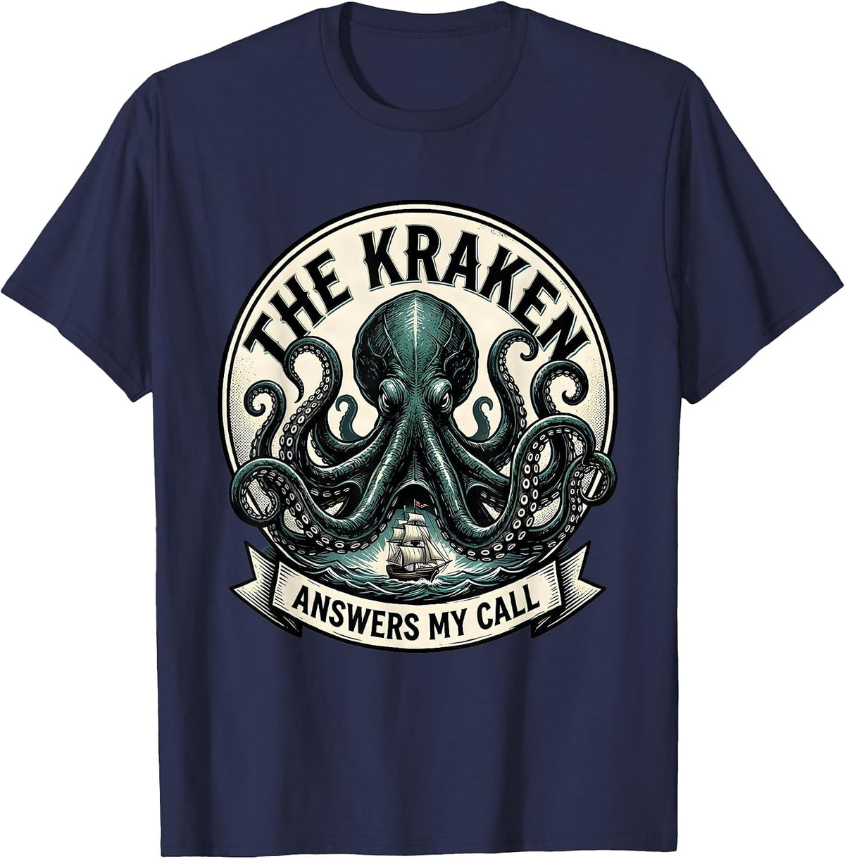 The Kraken Answers My Call Vintage Sign Painter Octopus Sea T-Shirt - Navy Blue