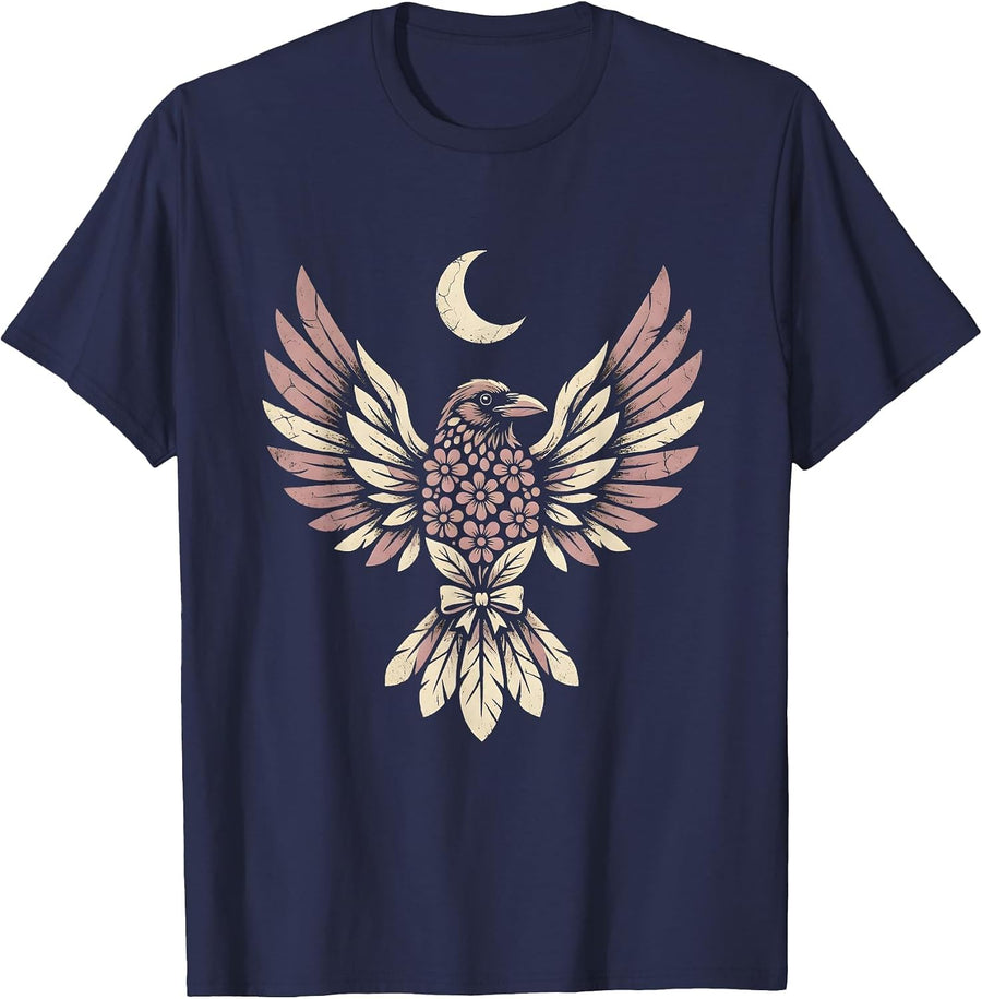 Halloween Crow Transformation Graphic Tee T-Shirt - Navy Blue