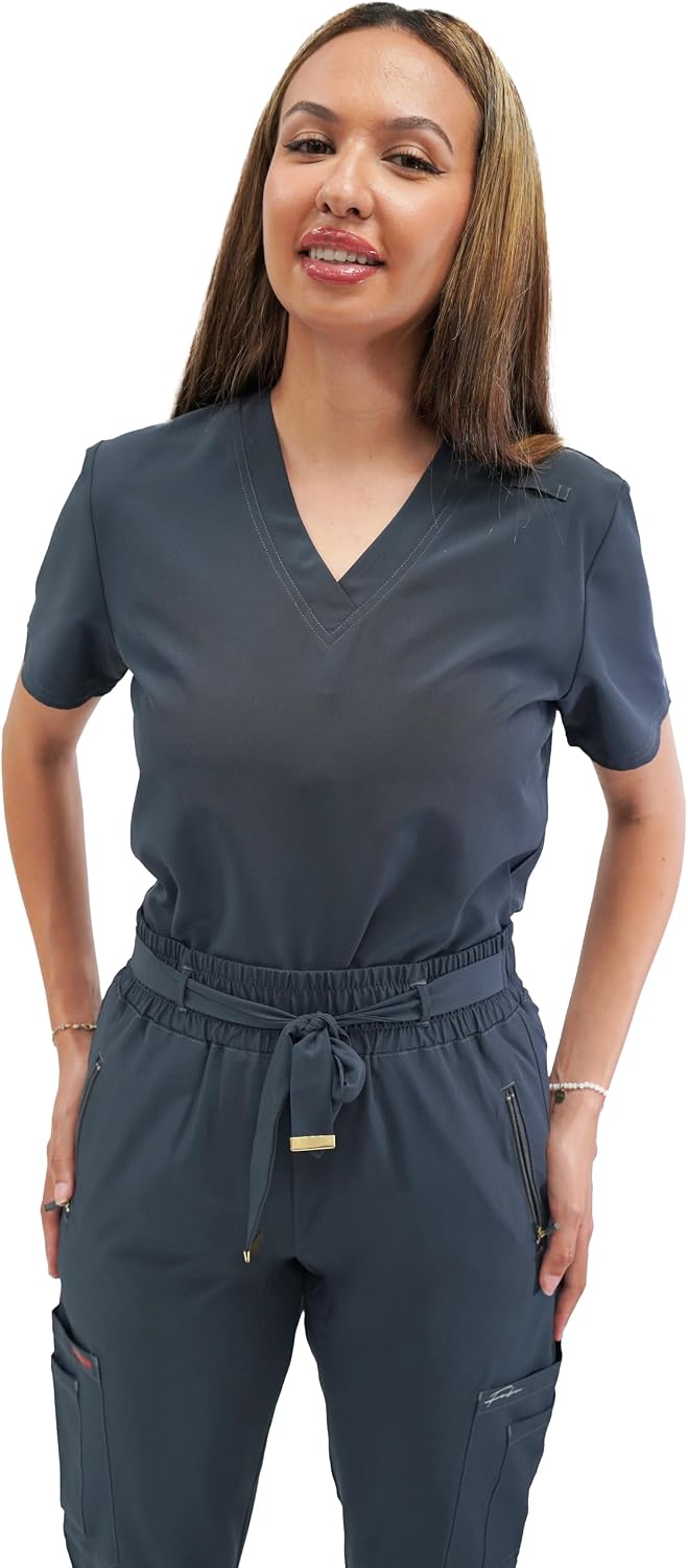 FUBU Women's 5-Pocket V-Neck Scrub Top Medical Nursing Uniform - Pewter