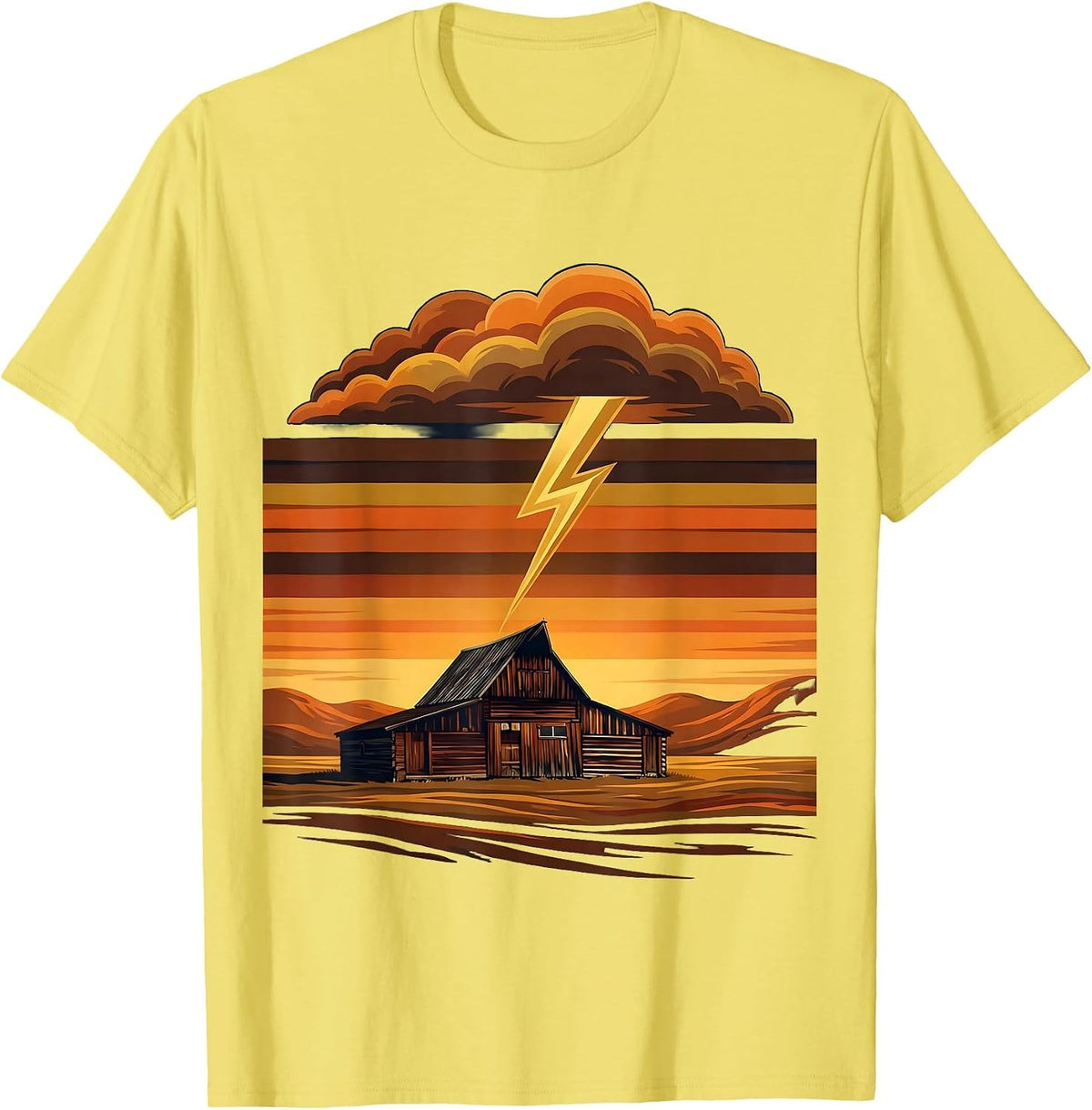 Men's Country Barn Stormy Lightning Sky Illustration T-Shirt - Lemon Yellow