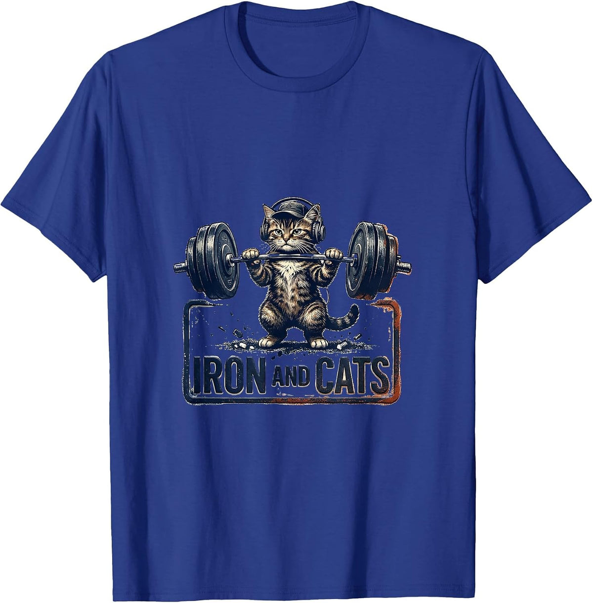 Men's Iron And Cats Rubber Stamp Funny Gym Workout Cat T-Shirt - Royal Blue