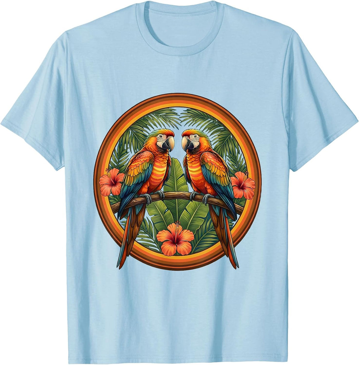 Men's Tropical Parrot Aloha Print Hawaiian Design T-Shirt - Baby Blue