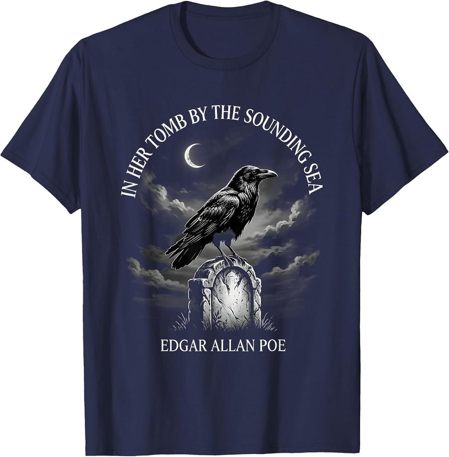 In her tomb by the sounding sea Edgar Allan Poe Gothic T-Shirt - Navy Blue