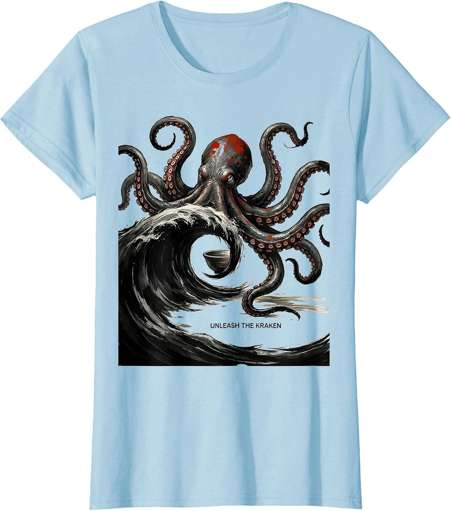 Women's Unleash The Kraken Ink Brush Vintage Octopus Lover Sea T-Shirt - Baby Blue