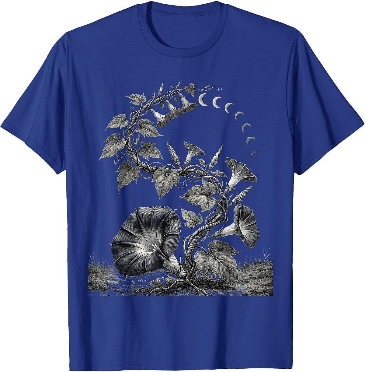Climbing Vine Crescent Moon Boho Floral Mystical T-Shirt - Royal Blue