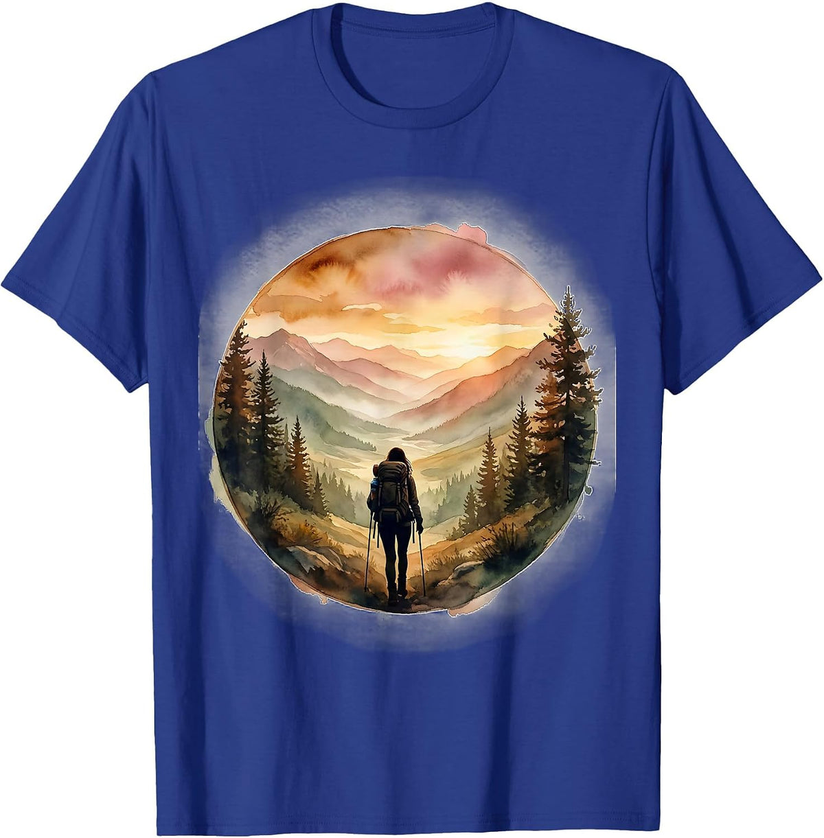 Backpacker Sunset Valley Silhouette Hiking Design T-Shirt - Royal Blue
