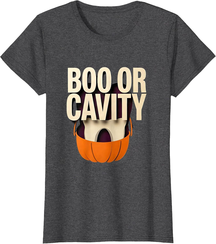 Women's Boo Or Cavity Funny Dental Hygienist Halloween Dental T-Shirt - Dark Heather Grey