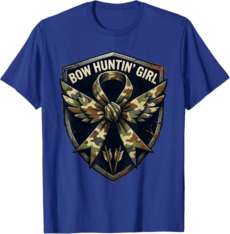 Bow Huntin' Girl Distressed Camo Coquette Bow Hunting Ol' T-Shirt - Royal Blue