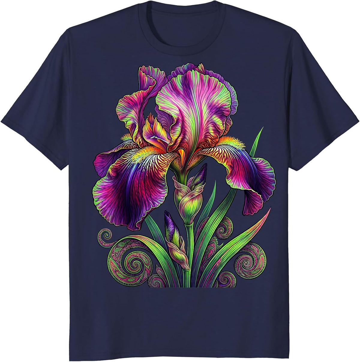 Iris Flower Intricate Ink Line Art Design T-Shirt - Navy Blue