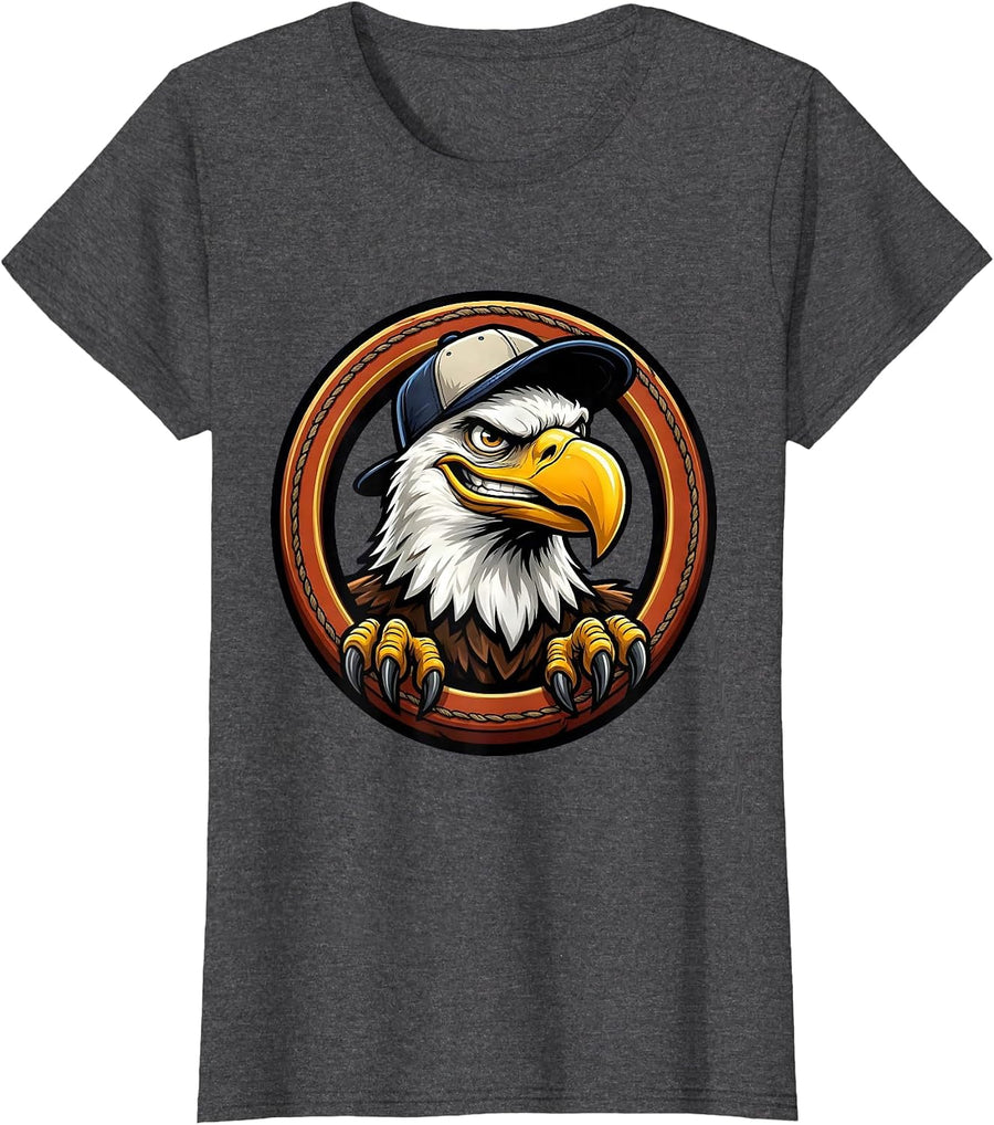 Women's Bald Eagle Backwards Baseball Cap Funny Graphic T-Shirt - Dark Heather Grey