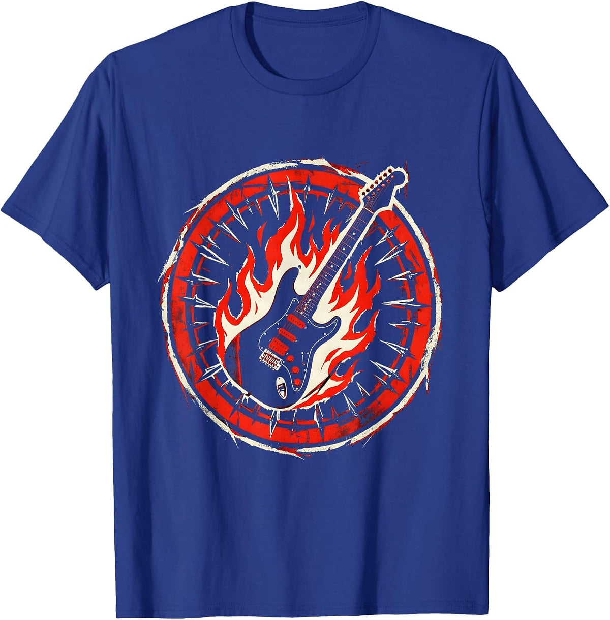 Flaming Electric Guitar 80s Rock Band Graphic T-Shirt - Royal Blue