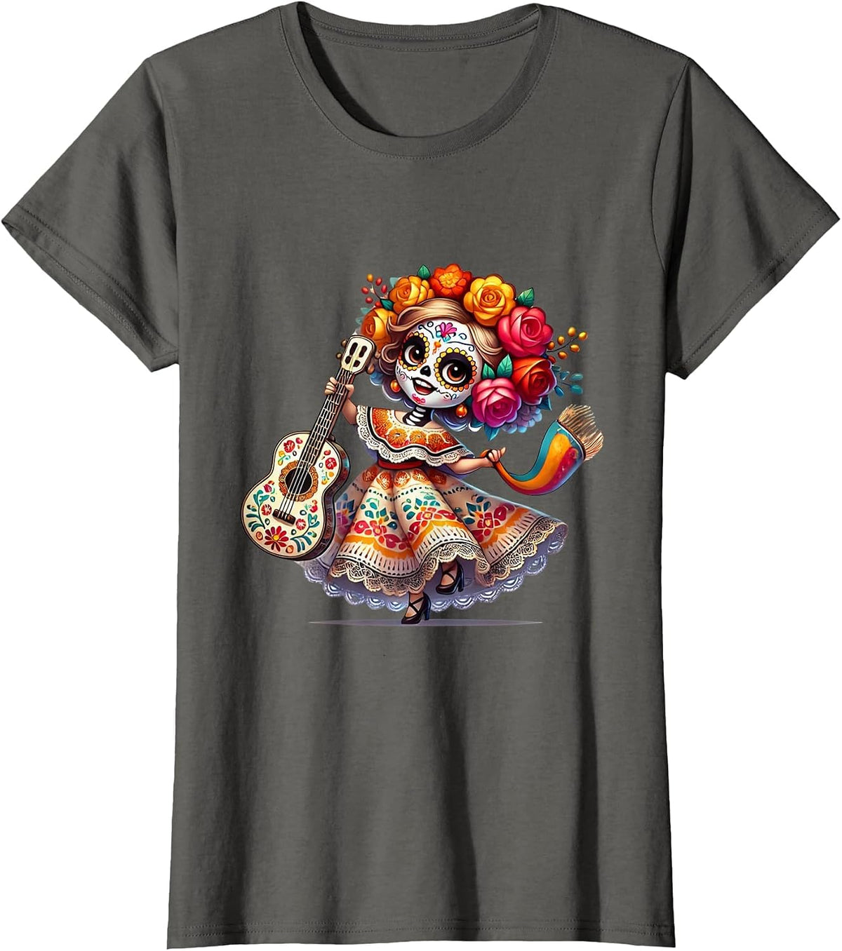 La Catrina Hispanic Heritage Month Mexican Halloween Flower T-Shirt - Asphalt Grey
