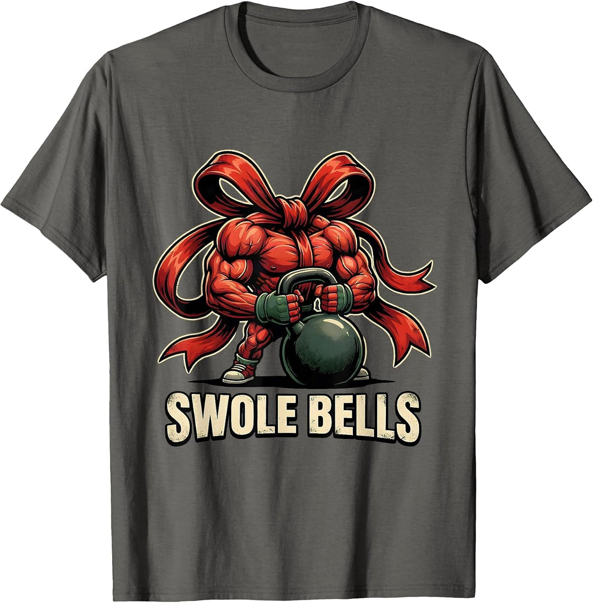 Men's Swole Bells Distressed Funny Christmas Gym Weightlifting T-Shirt - Asphalt Grey